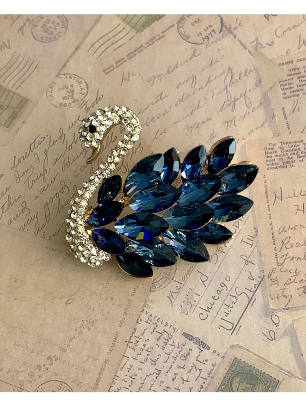 Sparkling Swan Brooch with Blue Crystal Feathers - Glam Accessory - Picture 1 of 4